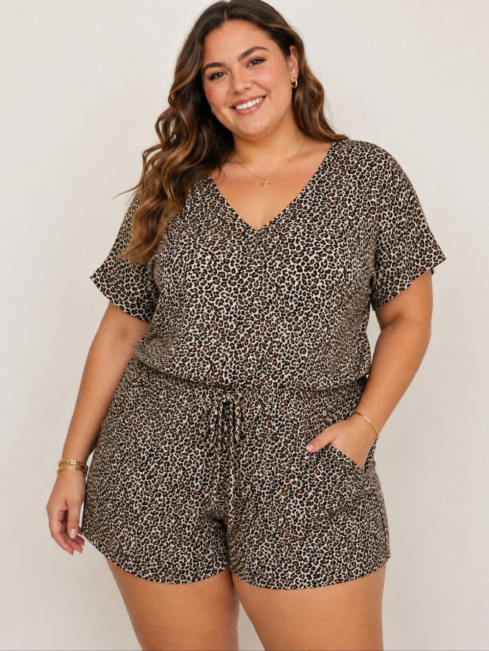 Umgee Leopard Print Short Sleeve Knit Romper Size 1X V-Neck Drawstring Waist
